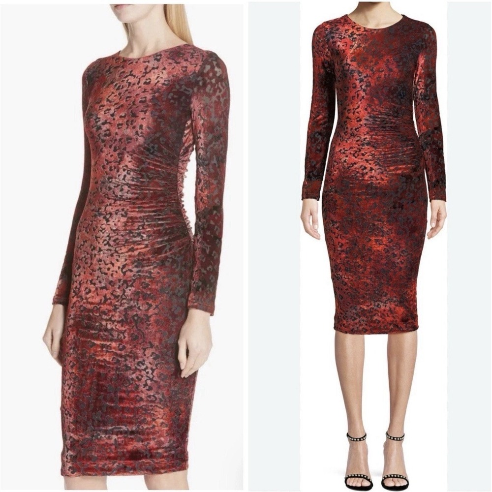 FUZZI Velvet‎ Red Midi Sheath Dress Womens Size Medium Viscose Ruched Whimsigoth